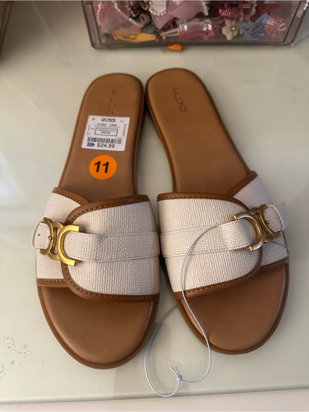 Aldo White and Brown Slide Mules with Gold Buckle